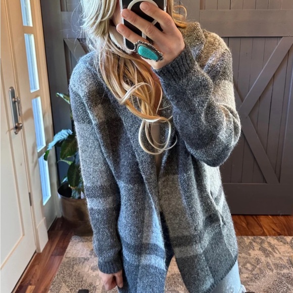 New Hooded Cardigan Grey Plaid Western Sweater Coat Shacket - Picture 3 of 11